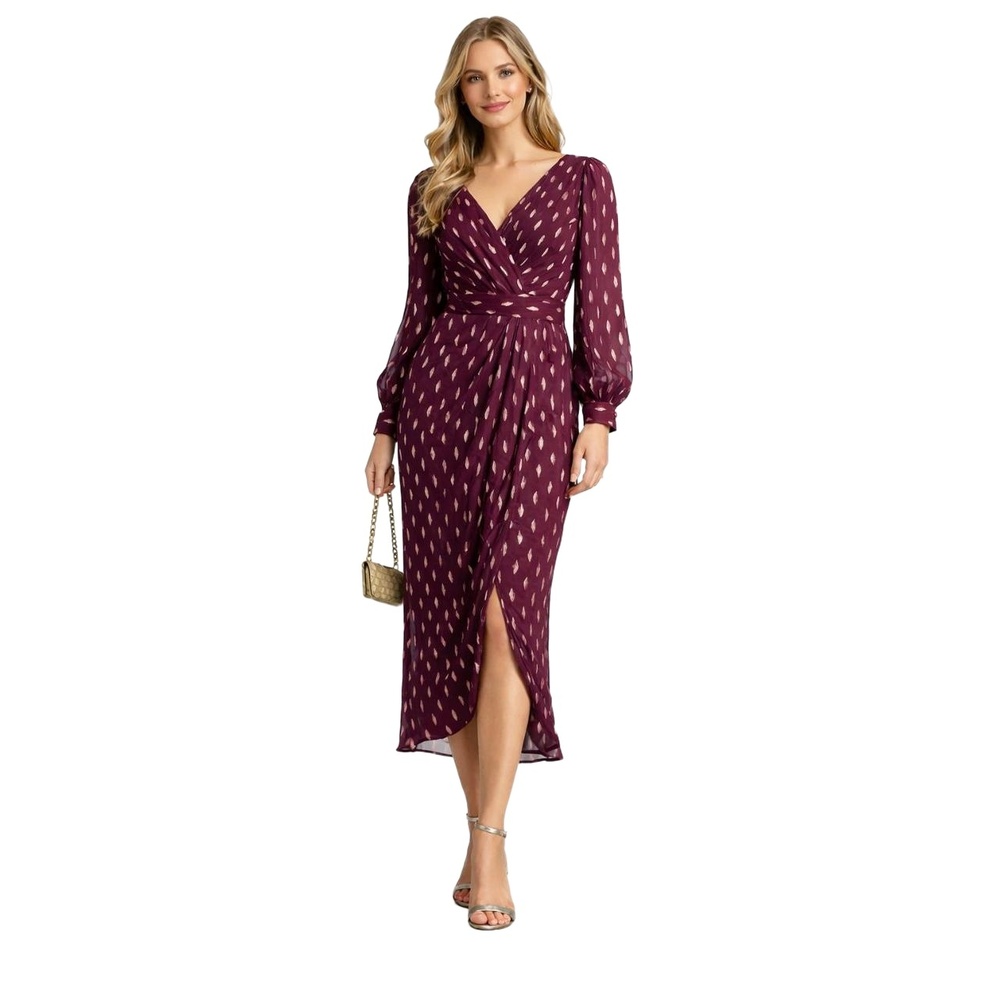 BETSY & ADAM – Deep Plum Metallic Dot Draped Midi Dress | Made in‎ USA | Size 10
